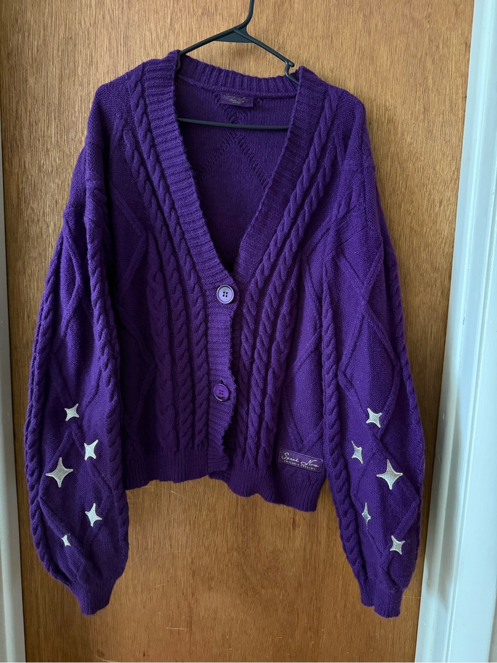 Taylor Swift’s Speak Now Purple Cable Knit Button Cardigan with Star Appliqués